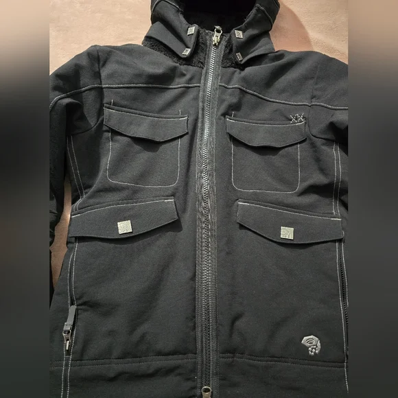 Mountain Hardwear Soft Shell Utility Moto Hooded Bomber jacket Coat black cozy S - Picture 2 of 15